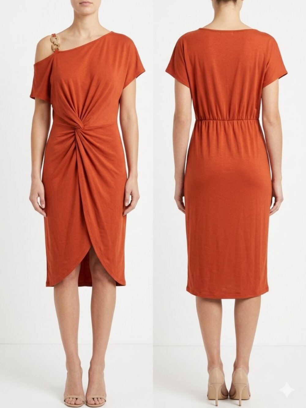 One-Shoulder Twist Front Midi Dress in Rust